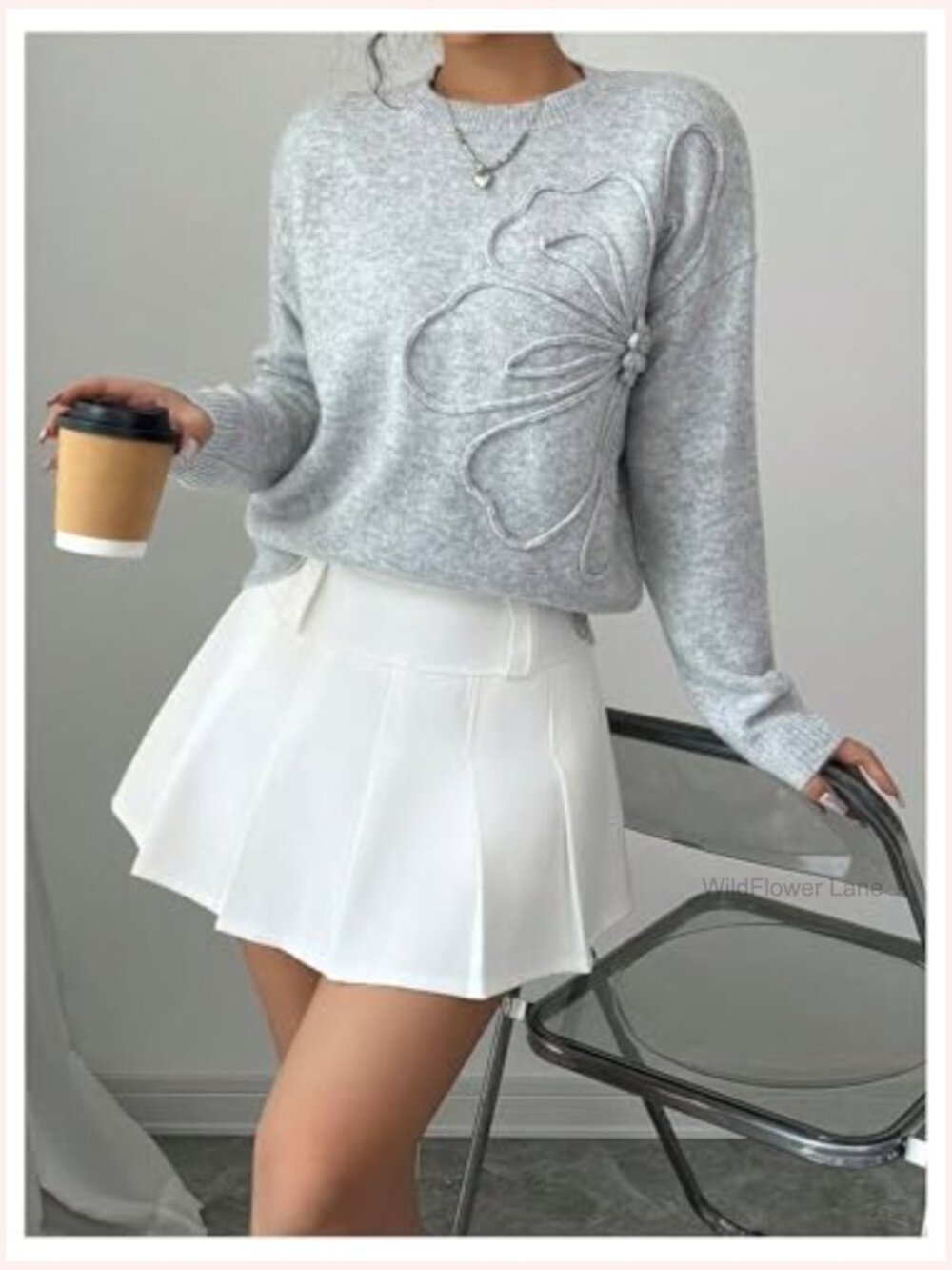 3D Floral Appliques Crewneck Sweater Long Sleeve Drop Shoulder Pullover Knit Top - Picture 5 of 5